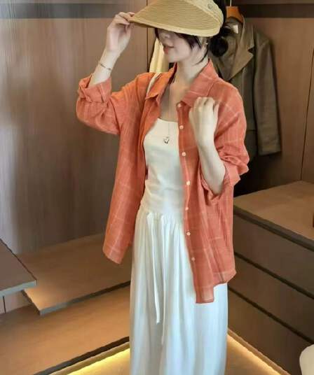 새로운 고급 센스 잘 생긴 캐주얼 다용도 폴로 칼라 얇은 스타일 체크무늬 자외선 차단 셔츠 회색 투피스 조끼