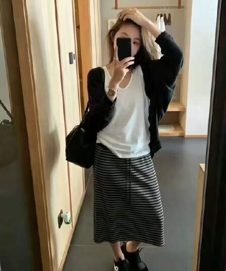 새로운 패션 느긋한 바람 일상 휴가 조끼 자외선 차단 숄 허리밴드 스트라이프 반신 치마 세트