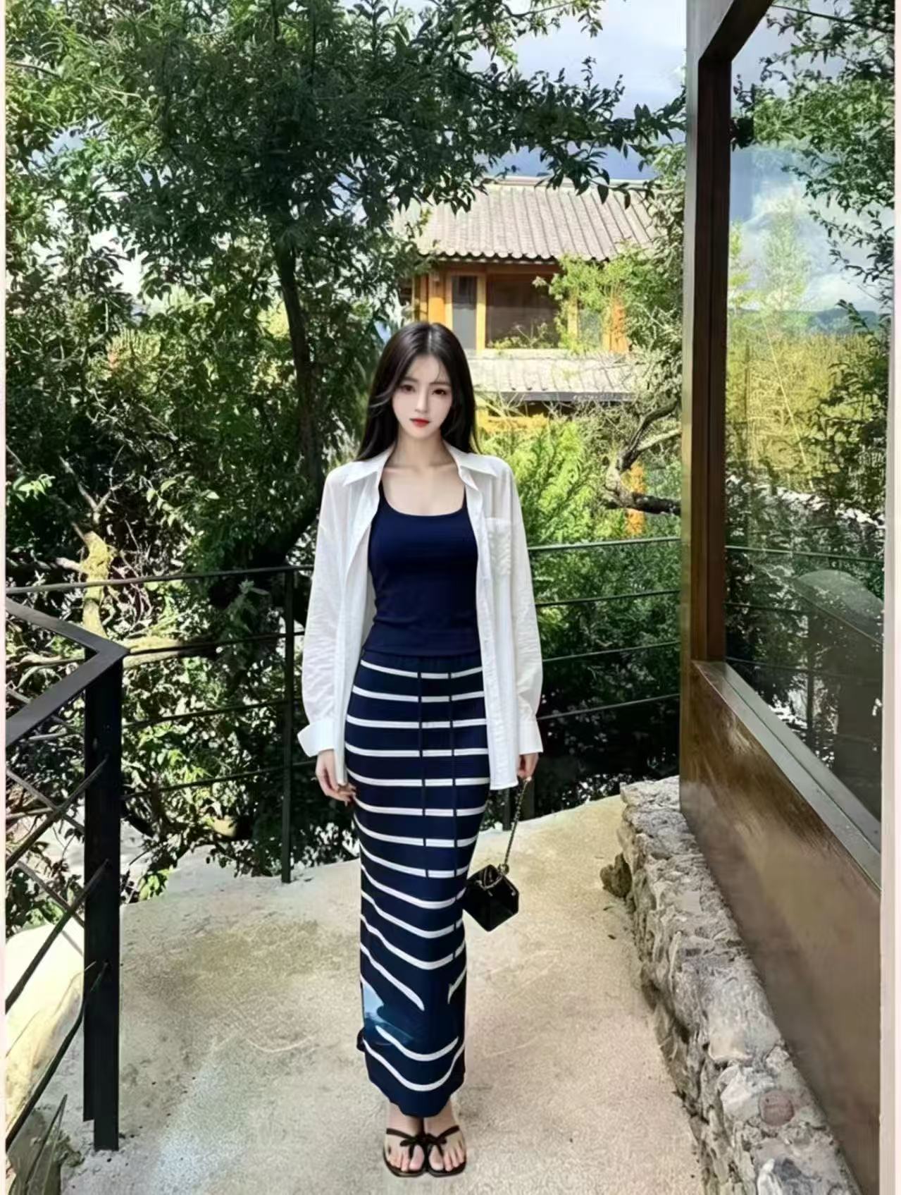 새로운 순수한 욕망 바람 섹시함 캐미솔 얇은 스타일 자외선 차단 의류 허리밴드 스트라이프 반신 스커트 3종 세트