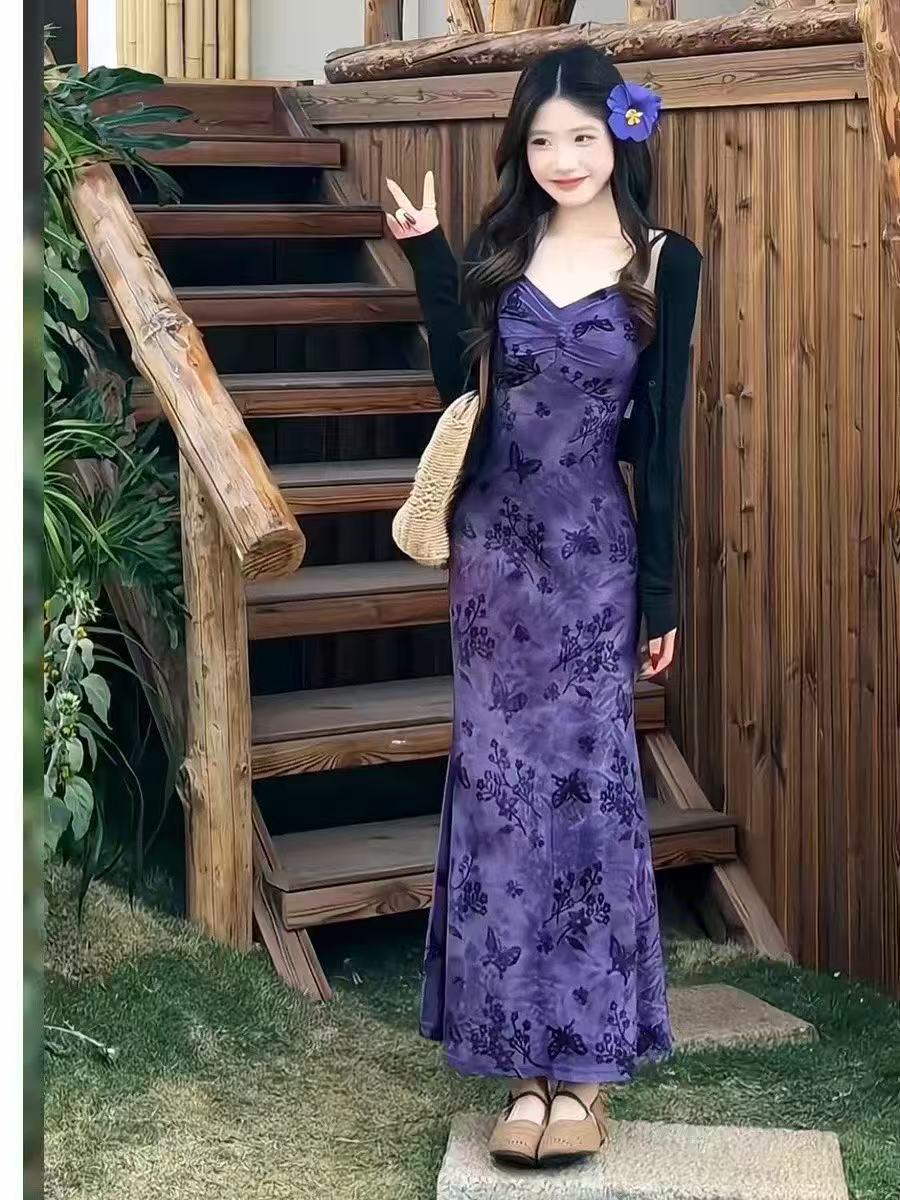 새로운 디자인 센스 빛 요리 한 바람 자외선 차단 의류 차 휴식 바람 품격 아름다운 보라색 슬립 점프 슈트 치마 세트
