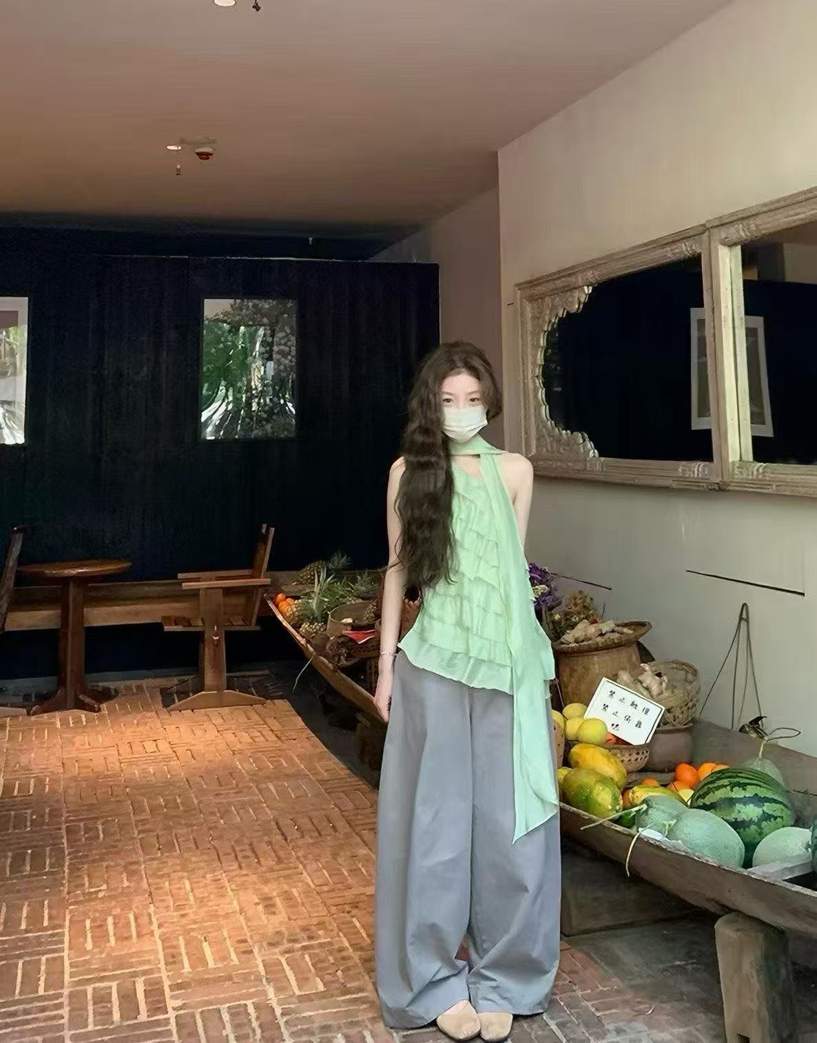 새로운 패션 불규칙 비스듬한 어깨 사람들 실크 다용도 작은 셔츠 리본 허리밴드 캐주얼 바지 3 세트