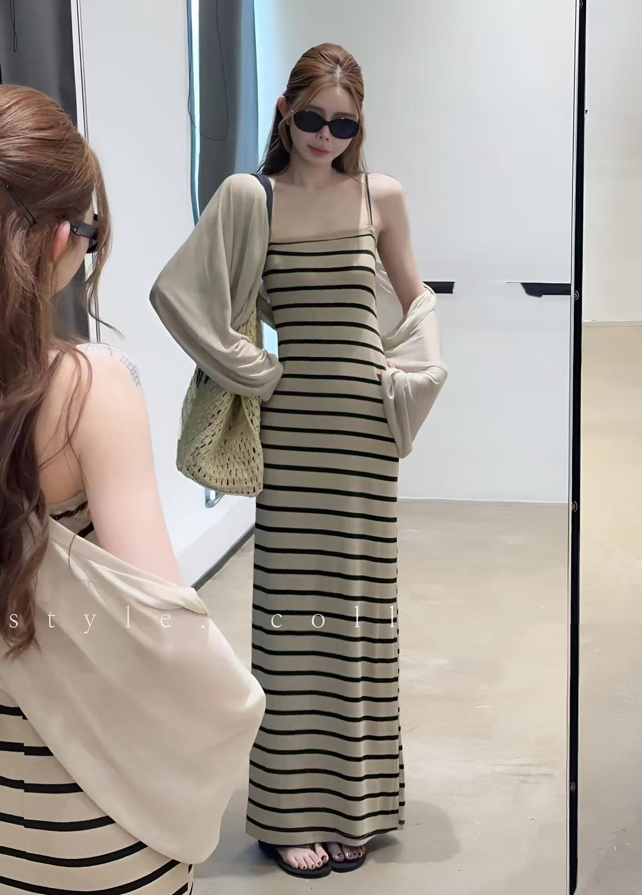 새로운 패션 고급 센스 배색 스트라이프 슬립 드레스 자외선 차단 오픈 가디건 프랑스식 출퇴근 세트
