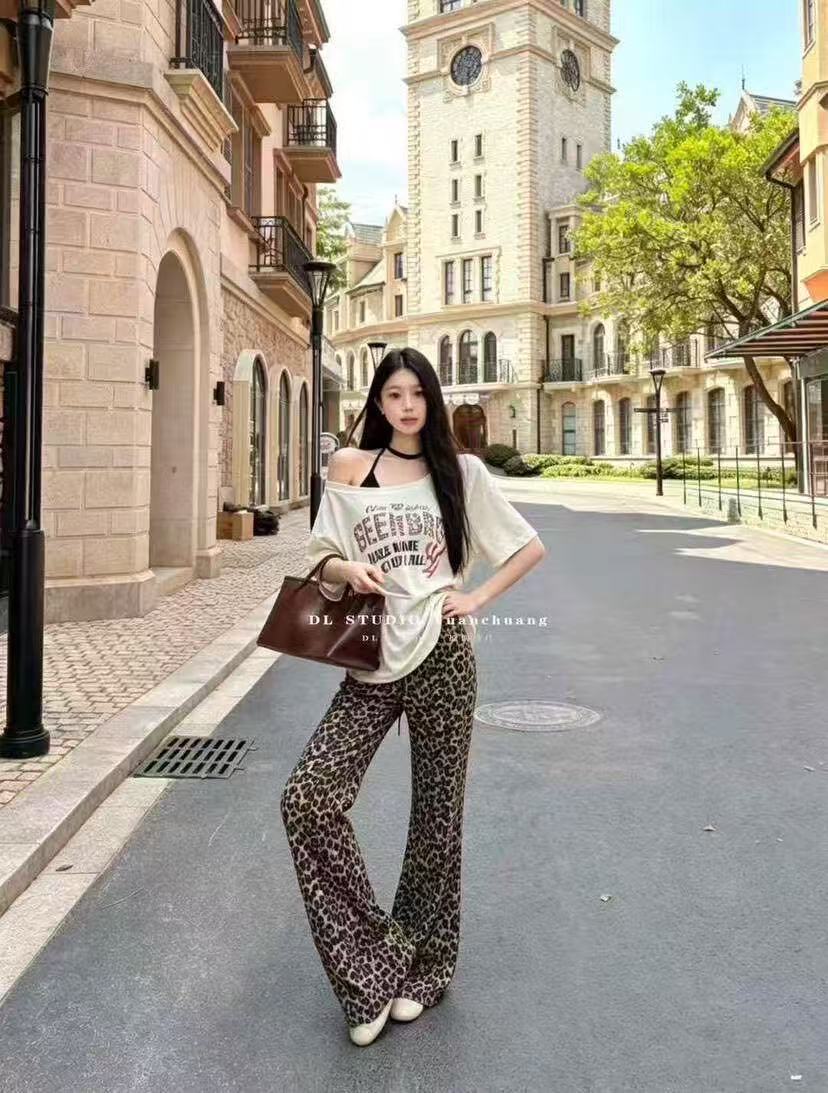 새로운 한국 스타일 루즈핏 프린트 반팔 자외선 차단 슬립 허리밴드 레오파드 무늬 긴 바지 3종 세트
