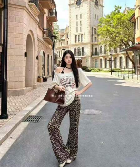 새로운 한국 스타일 루즈핏 프린트 반팔 자외선 차단 슬립 허리밴드 레오파드 무늬 긴 바지 3종 세트