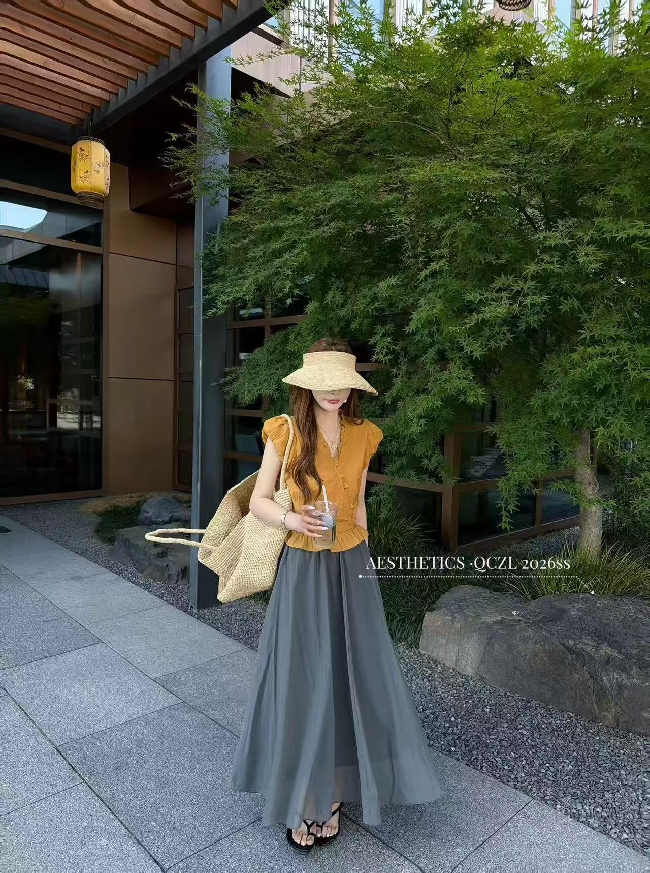 새로운 패션 프릴 거품 소매 V넥 레이스업 맨위 허리밴드 한 마디 반신 스커트 투피스 세트