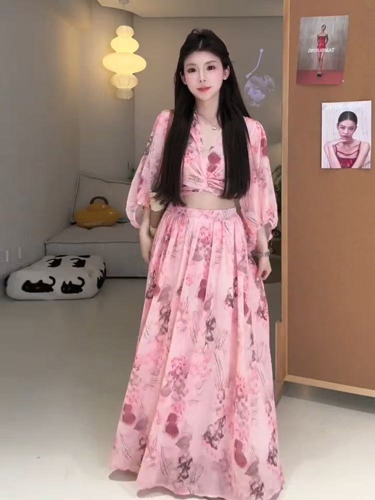 새로운 달콤한 핫걸 해변가 휴가 바람 스트랩 꽃무늬 V 넥 셔츠 허리밴드 반신 스커트 투피스 세트