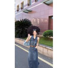 批发新款无袖翻领辣妹小众修身显瘦港风复古牛仔连衣裙