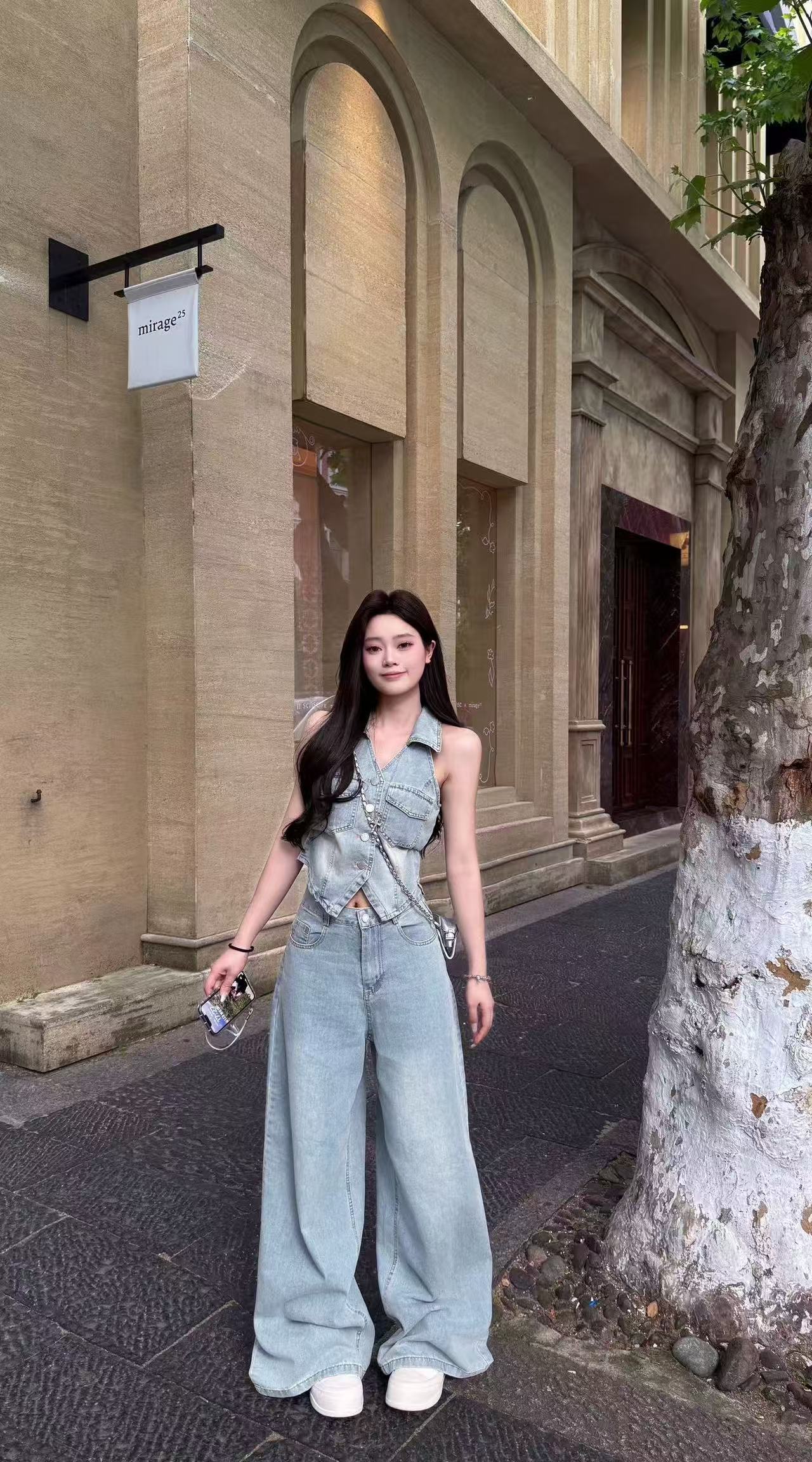새로운 레트로 폴로 칼라 민소매 싱글 줄 버튼 데님 베스트 하이웨이스트 캐주얼 와이드 레그 팬츠 벨트 3 세트