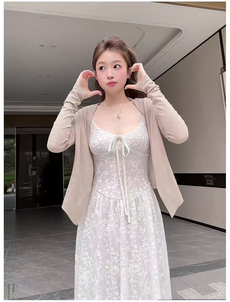 새로운 프랑스식 고급 센스 휴가 바람 꼬집기 허리 슬림해 보이는 슬립 드레스 자외선 차단 오픈 가디건 투피스 세트