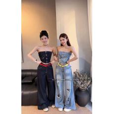 批发新款韩版时尚辣妹柔软洗水牛仔抹胸+阔腿<b class='q'>牛仔裤</b>+腰带3件套