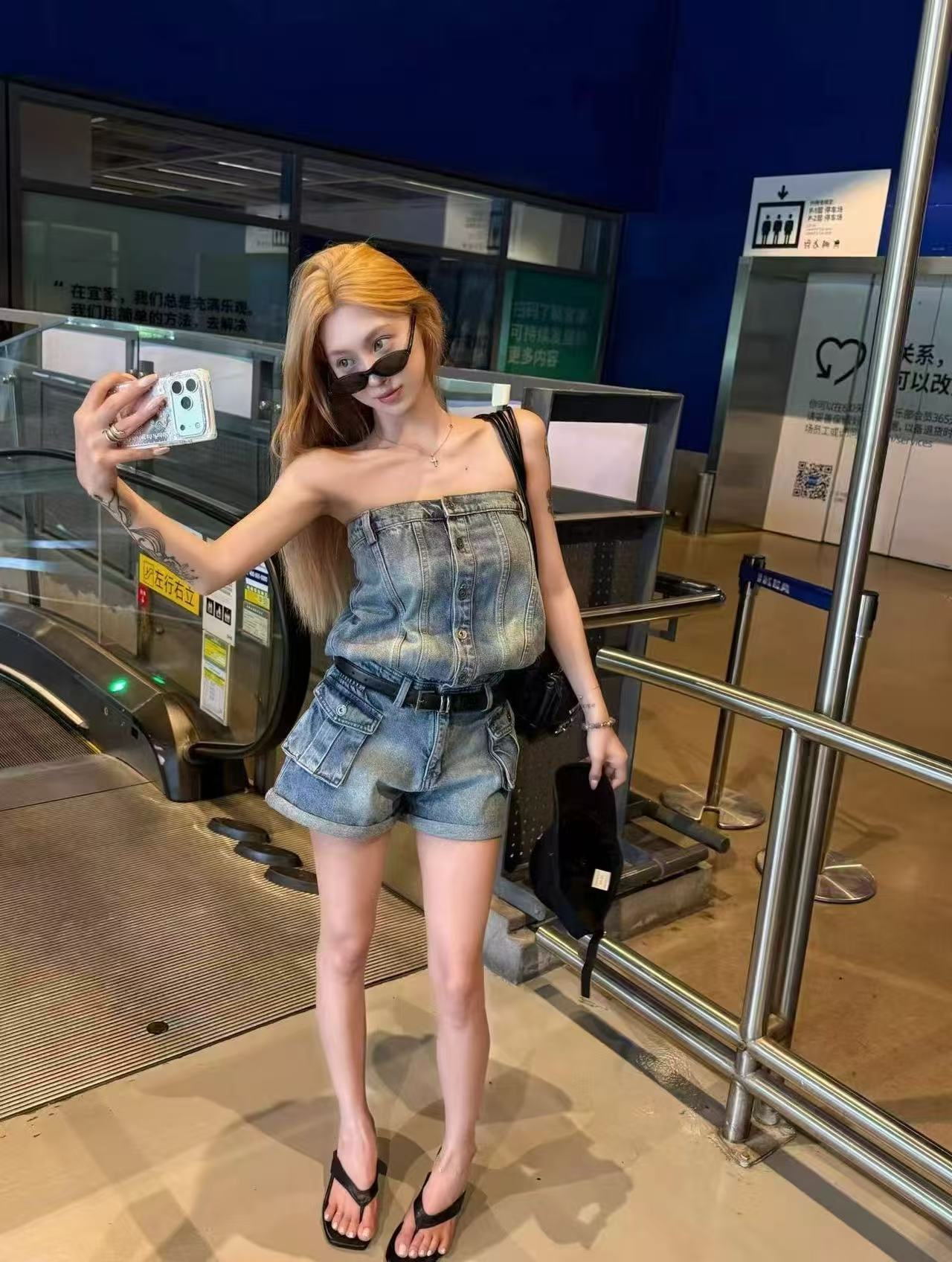 새로운 아메리칸 핫걸 워싱 마 오래된 튜브탑 올인원 데님 반바지 벨트