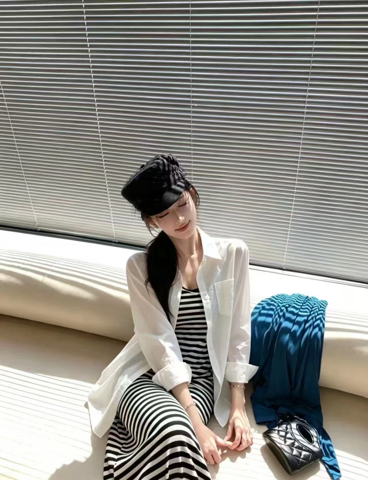 새로운 한국 스타일 패션 미니멀리즘 얇은 스타일 자외선 차단 셔츠 스트라이프 슬립 드레스 투피스 세트