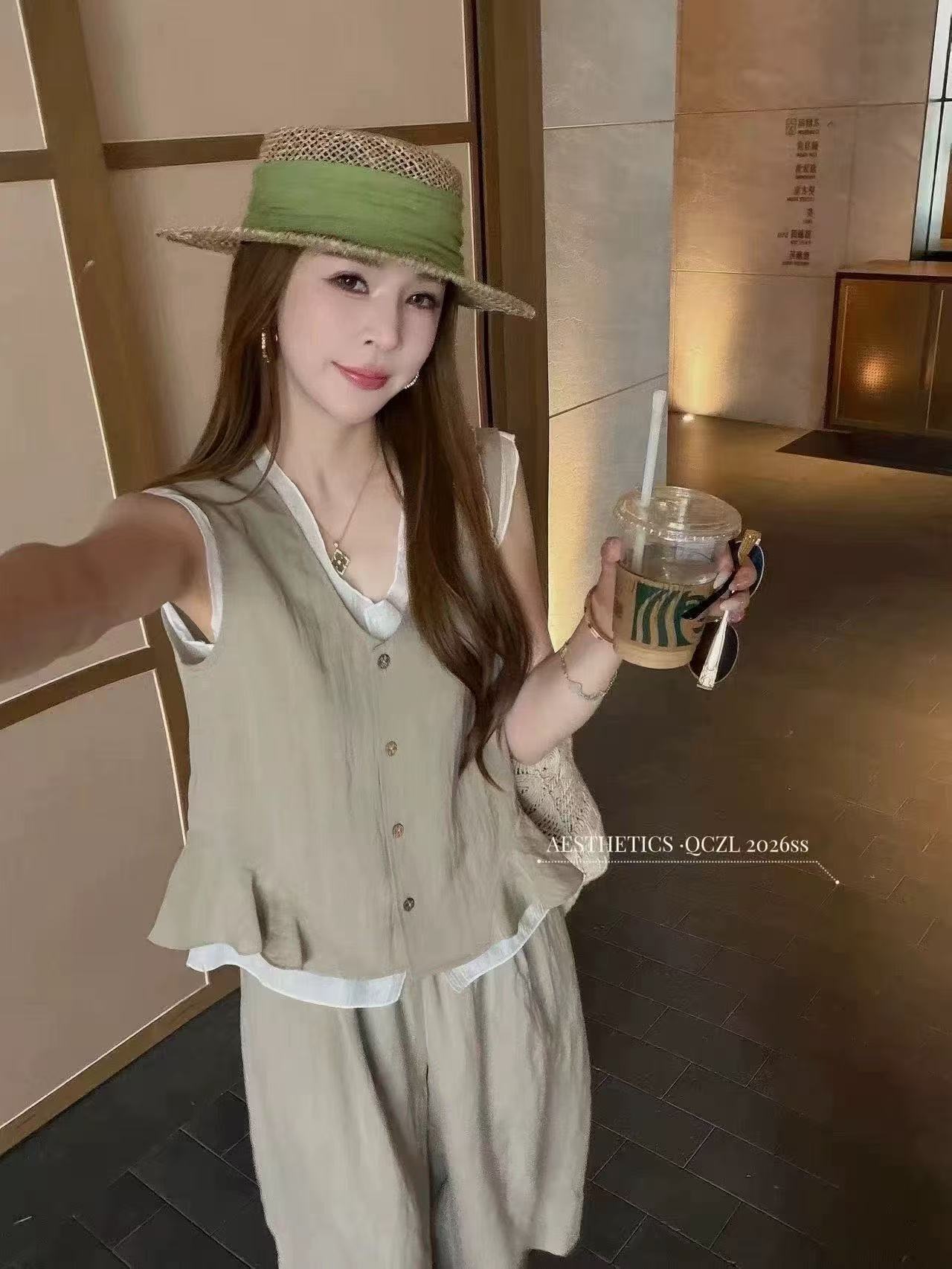 한 부서 문예 바람 느슨함 아마 페이크 레이어드 프릴 베스트 허리밴드 9 포인트 와이드 레그 팬츠 세트