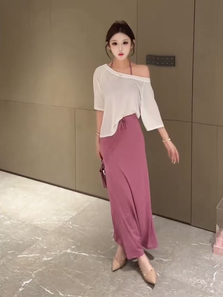 새로운 품격 분위기 비스듬한 어깨 블라우스 아름다움 멜빵 가슴 패드 조끼 타이트 스커트 인어 꼬리 반신 스커트 세트