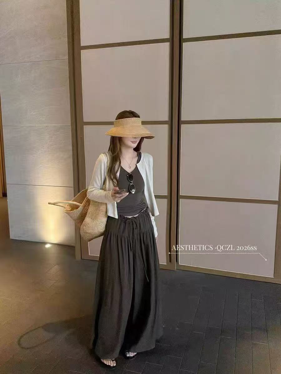 새로운 한국 스타일 패션 루즈핏 슬림해 보이는 조끼 허리밴드 와이드 레그 팬츠 얇은 스타일 태양 보호 셔츠 3종 세트