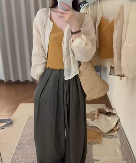 새로운 한국 스타일 차가운 얇은 스타일 패션 V넥 조끼 자외선 차단 오픈 가디건 허리밴드 캐주얼 바지 3 세트