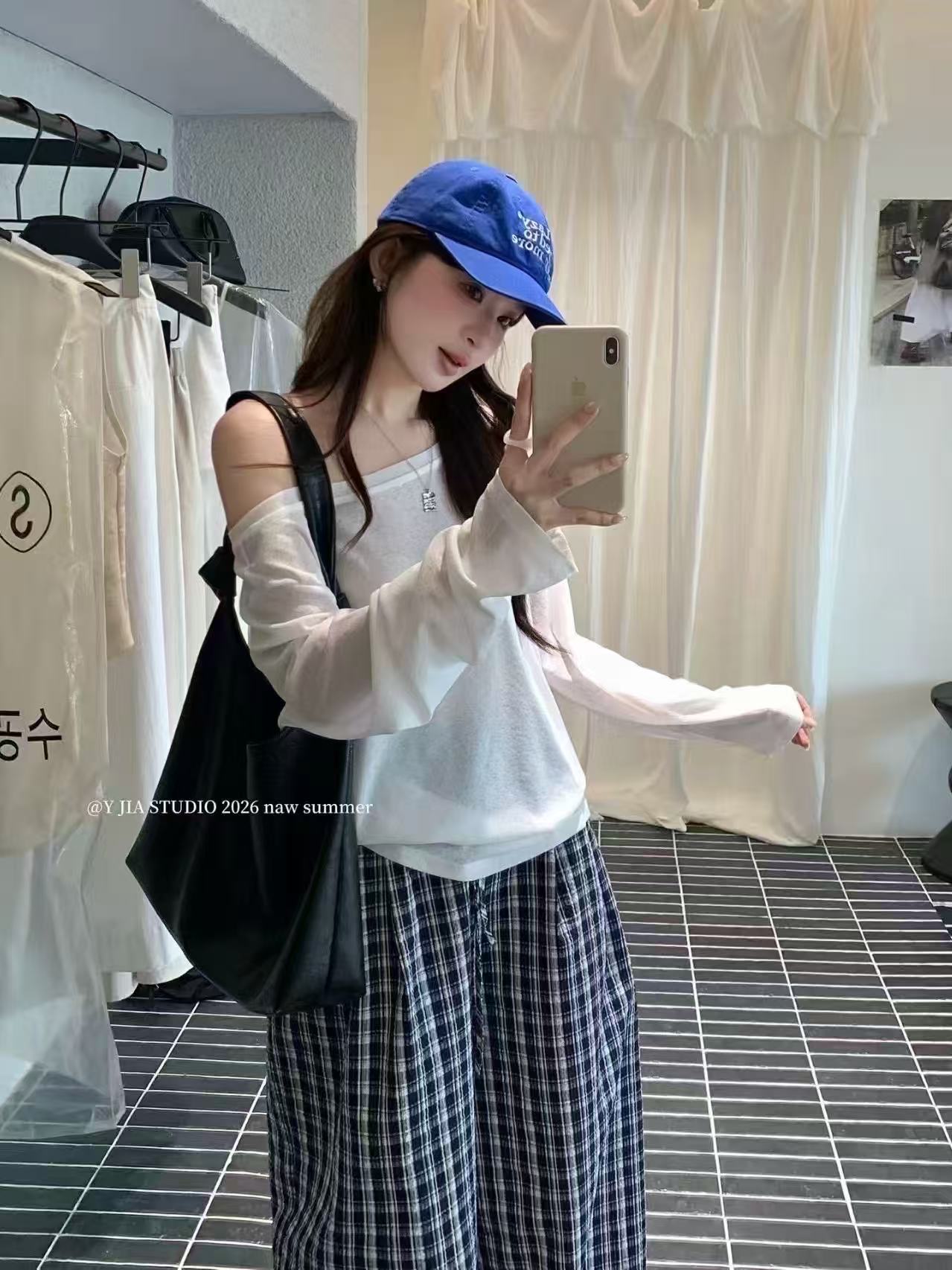 새로운 한 부서 레트로 패션 얇은 스타일 긴팔 비스듬한 어깨 티셔츠 허리밴드 체크무늬 캐주얼 바지 투피스 세트