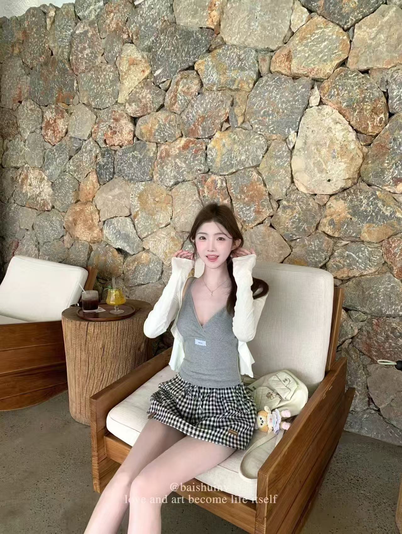 새로운 V넥 캐미솔 통기성 자외선 차단 오픈 가디건 허리밴드 체크무늬 한 마디 치마바지 3 세트