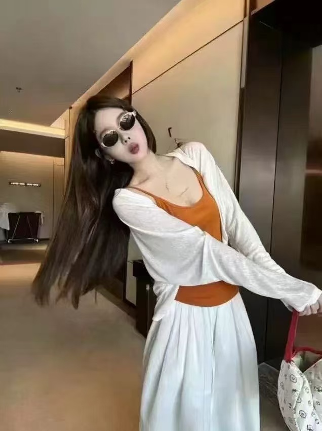 새로운 한국 스타일 패션 루즈핏 슬림해 보이는 조끼 허리밴드 와이드 레그 팬츠 얇은 스타일 태양 보호 셔츠 3종 세트