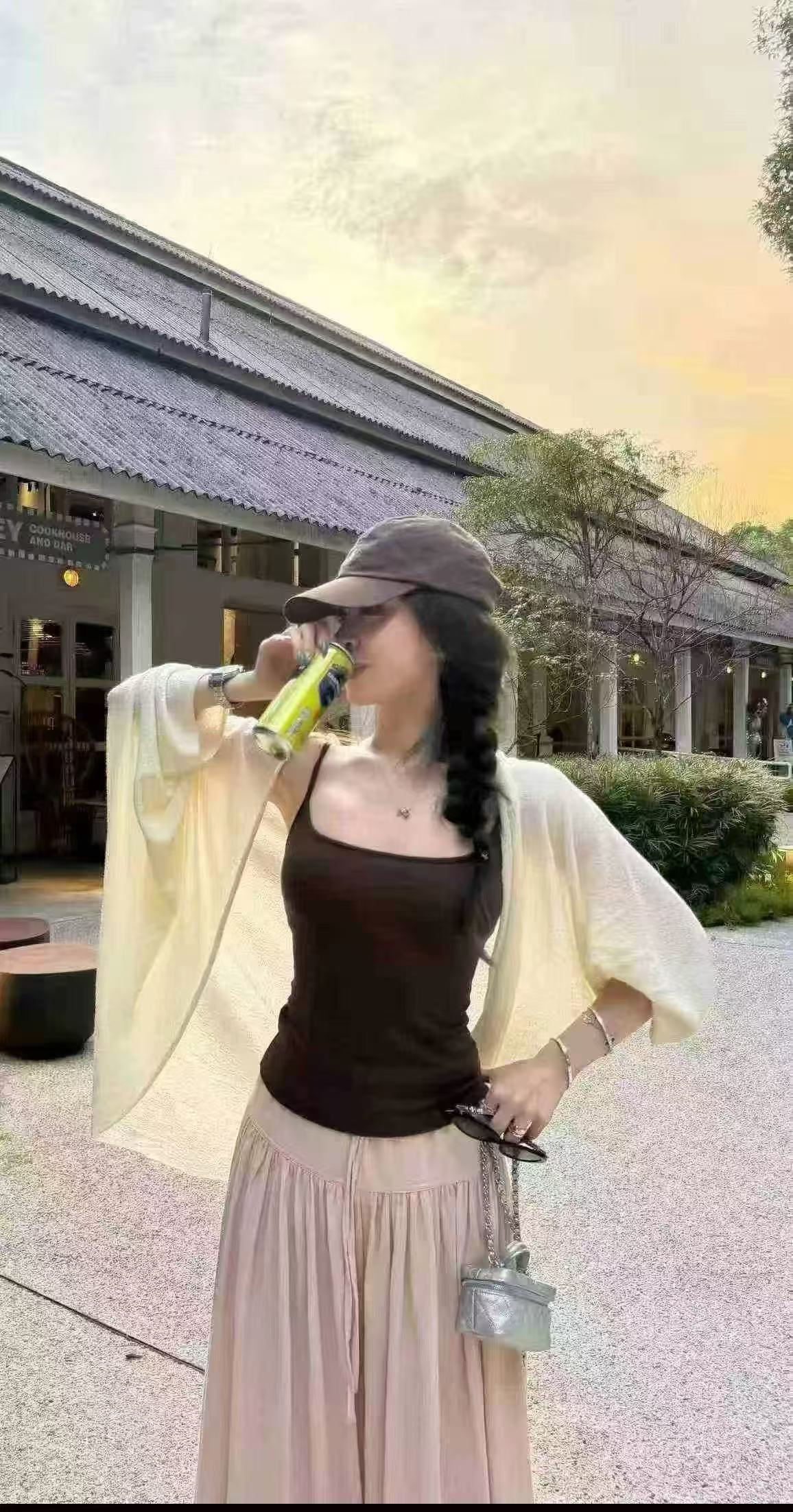 새로운 한국 스타일 패션 루즈핏 슬림해 보이는 조끼 허리밴드 와이드 레그 팬츠 얇은 스타일 태양 보호 셔츠 3종 세트