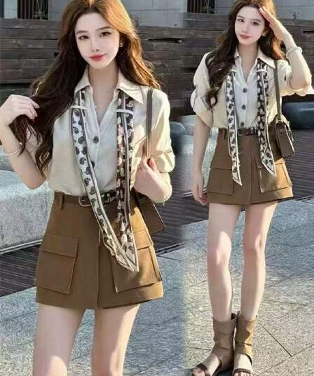 새로운 빛 럭셔리 오래된 돈 바람 고유 한 폴로 칼라 셔츠 하이웨이스트 워크웨어 반바지 스카프 벨트 4 세트