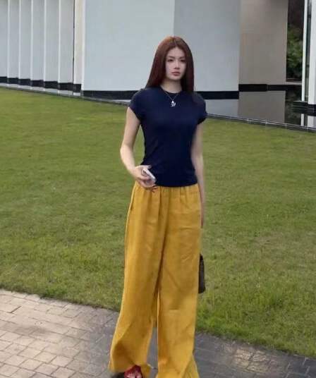 새로운 레트로 느긋한 오래된 돈 바람 고급 센스 몸매 가꾸기 맨위 허리밴드 아시아 인 면 린넨 와이드 레그 팬츠 세트