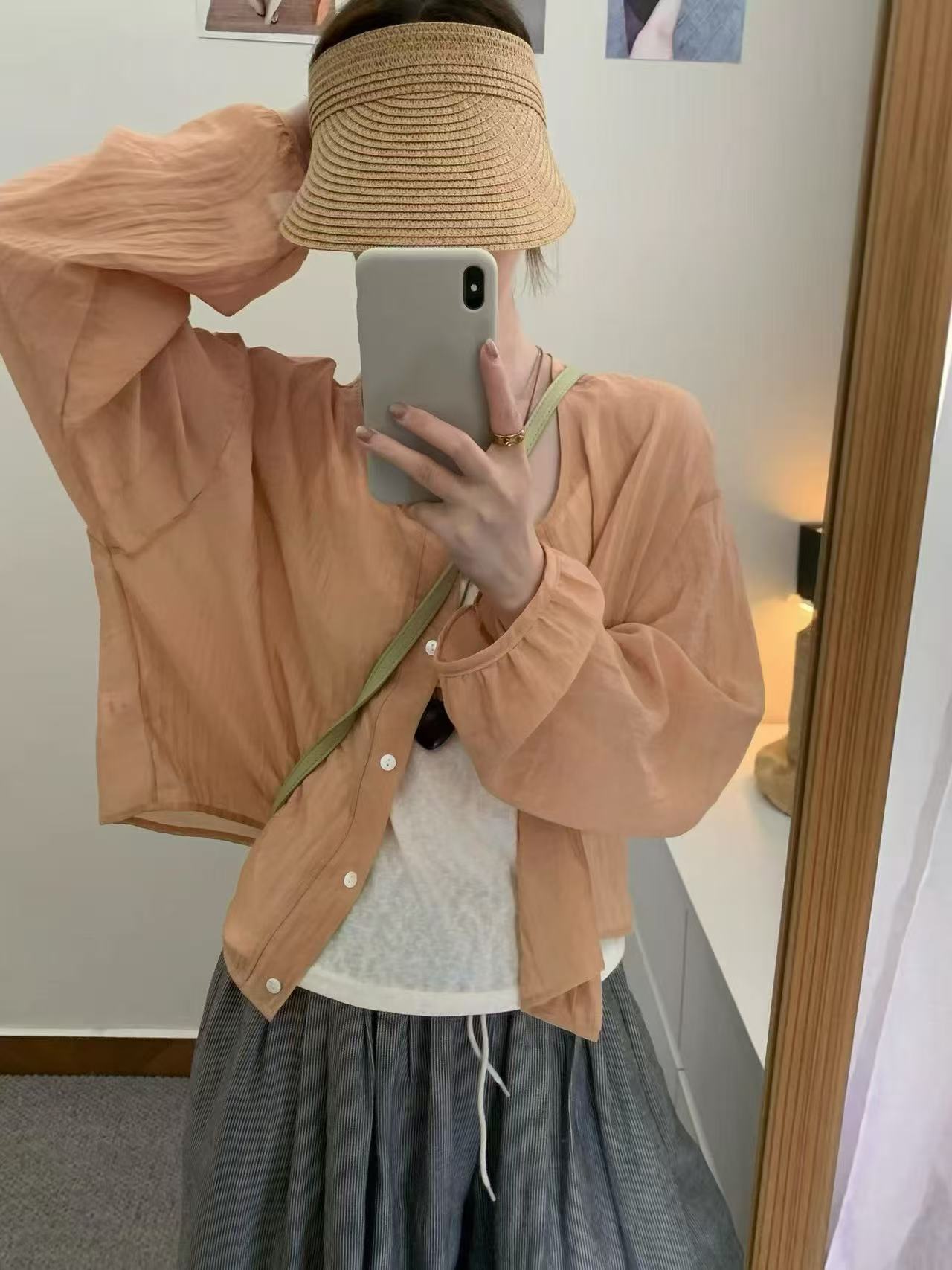 새로운 한 부서 미니멀리즘 얇은 스타일 캐주얼 자외선 차단 오픈 가디건 조끼 허리밴드 체크무늬 와이드 레그 팬츠 3종 세트