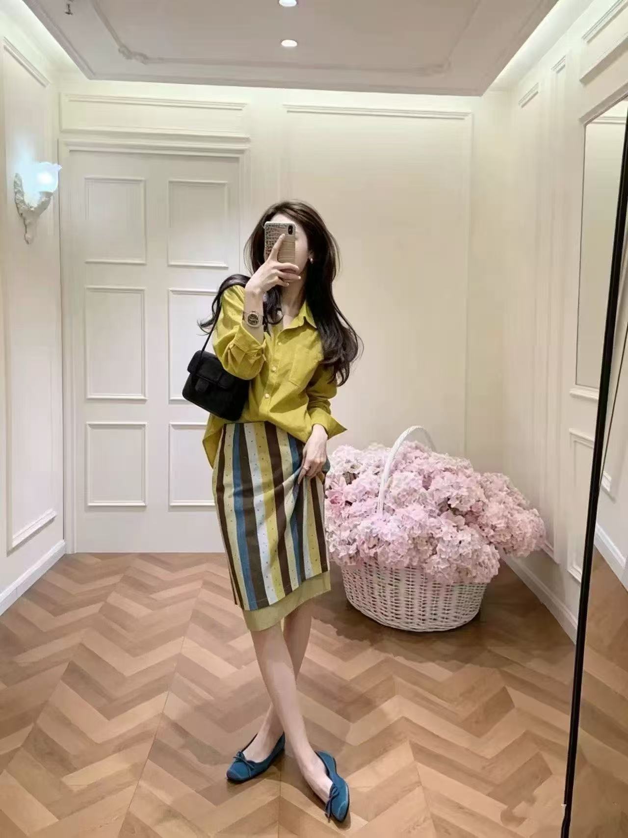 새로운 한 부서 패션 고급 센스 로얄 자매 바람 라미 자외선 차단 의류 하이웨이스트 패치워크 색상 반신 치마 세트