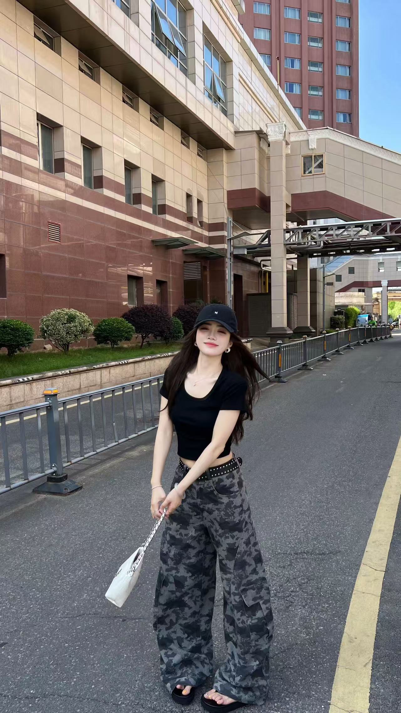 새로운 아메리칸 레트로 몸매 가꾸기 이슬 허리 위로 의류 하이웨이스트 카모플라주 스트레이트 팬츠 벨트 3 세트