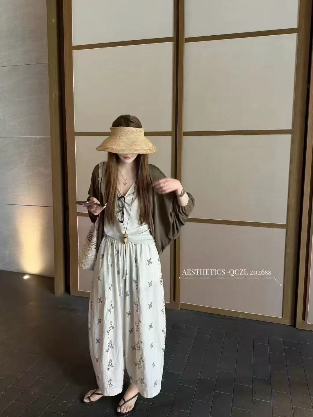 새로운 패션 느긋한 바람 얇은 스타일 자외선 차단 의류 조끼 허리밴드 9 포인트 와이드 레그 팬츠 3 세트