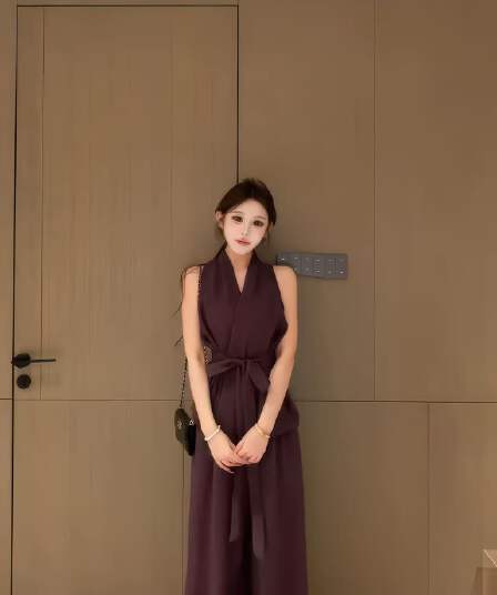 새로운 프랑스식 빛 요리 한 바람 품격 V넥 스트랩 허리 수축 민소매 맨위 허리밴드 와이드 레그 팬츠 세트