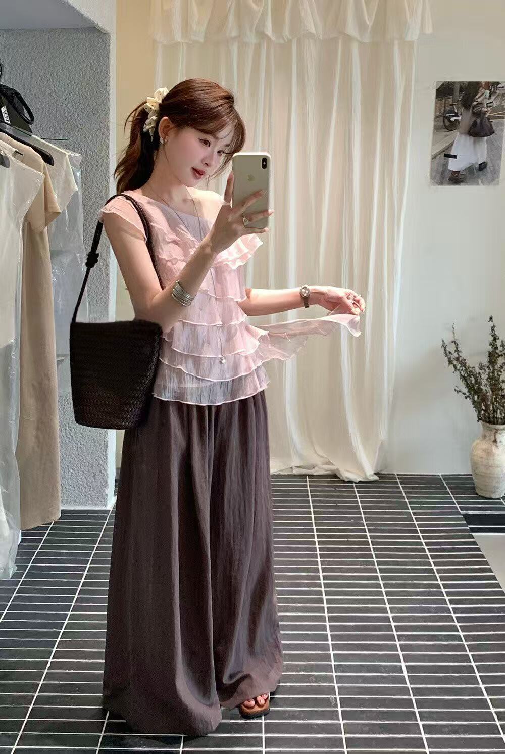 새로운 한 부서 패션 프릴 리본 비스듬한 어깨 작은 셔츠 허리밴드 캐주얼 와이드 레그 팬츠 투피스 세트