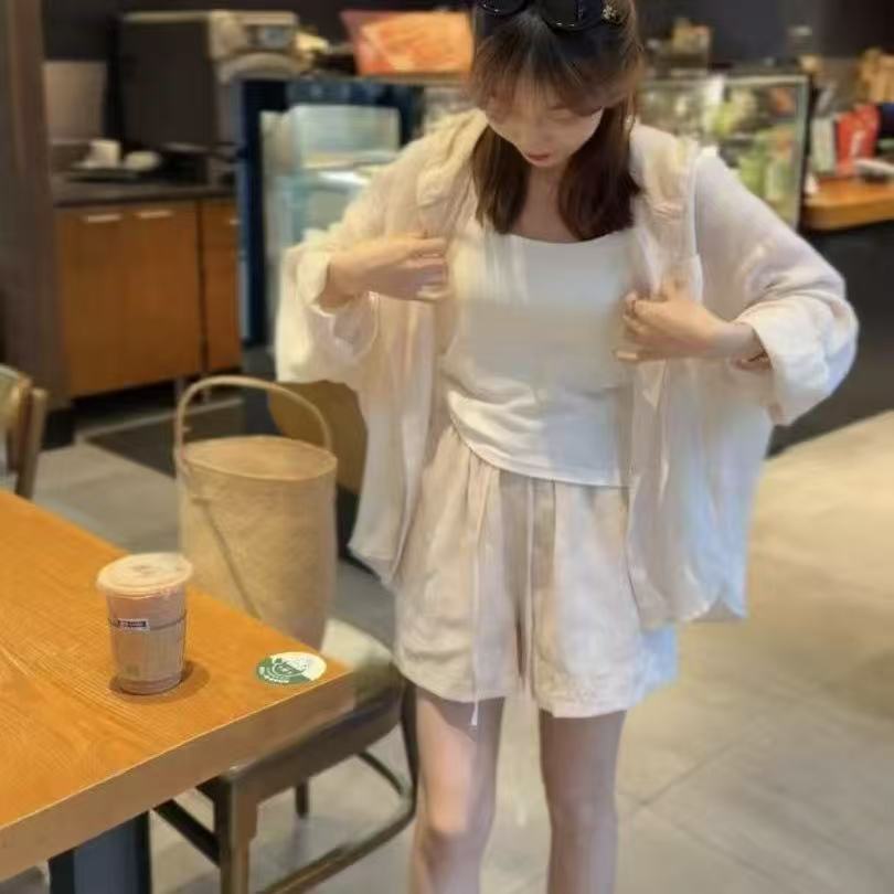 새로운 루즈핏 얇고 가벼운 오래된 돈 바람 프랑스식 프로필 모양 느긋한 아마 셔츠 슬립 반바지 3 세트
