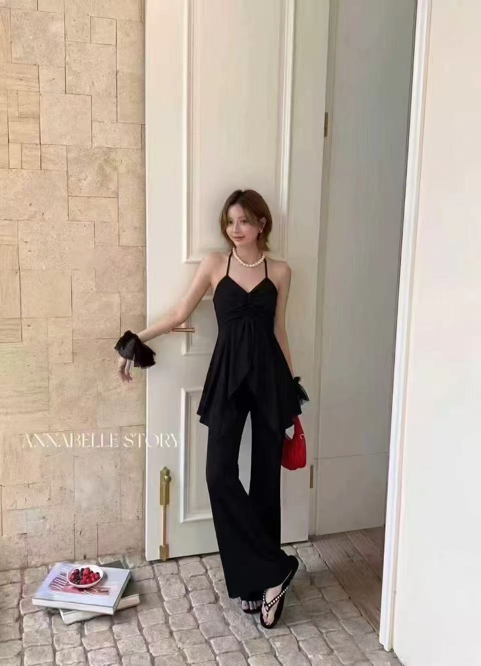 새로운 레트로 불규칙 주름 행침 목 주간 실크 데님 조끼 허리밴드 넓은 다리 부츠컷 바지 세트
