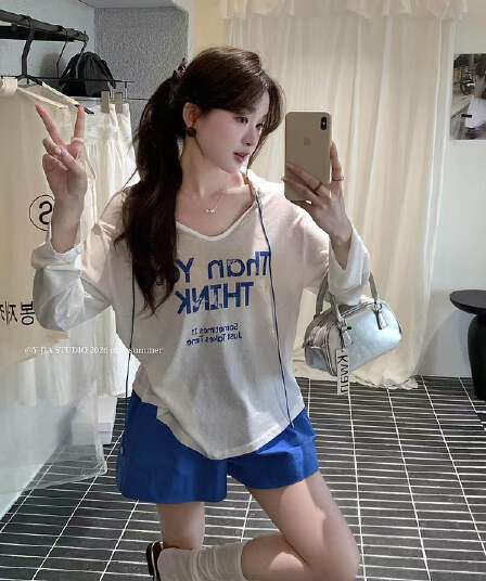 새로운 한국 스타일 루즈핏 알파벳 프린트 후드 자외선 차단 긴팔 티셔츠 허리밴드 한 마디 휴 반바지 세트