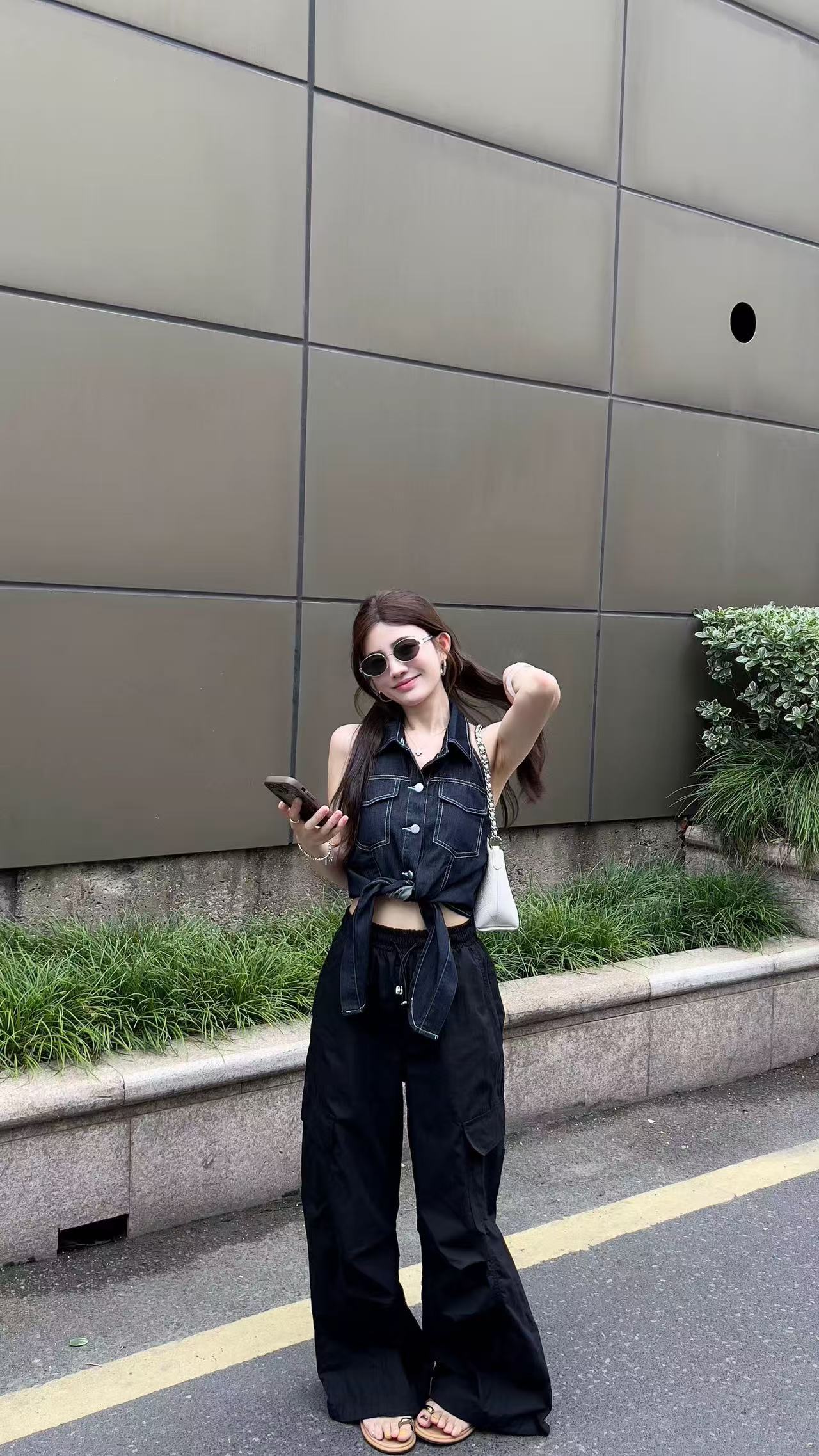 새로운 핫걸 바람 폴로 칼라 행침 목 데님 조끼 스트랩 허리 수축 맨위 허리밴드 워크웨어 팬츠 세트