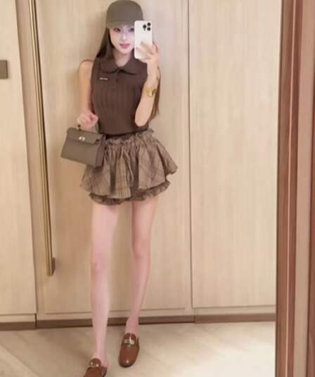 새로운 레트로 세련된 연령 감소 폴로 칼라 니트 조끼 맨위 허리밴드 체크무늬 꽃밭 반바지 세트