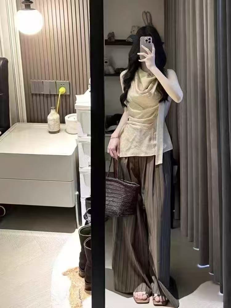 새로운 프랑스식 연령 감소 외국 가스 고급 꼬집기 허리 민소매 셔츠 허리밴드 캐주얼 바지 세트