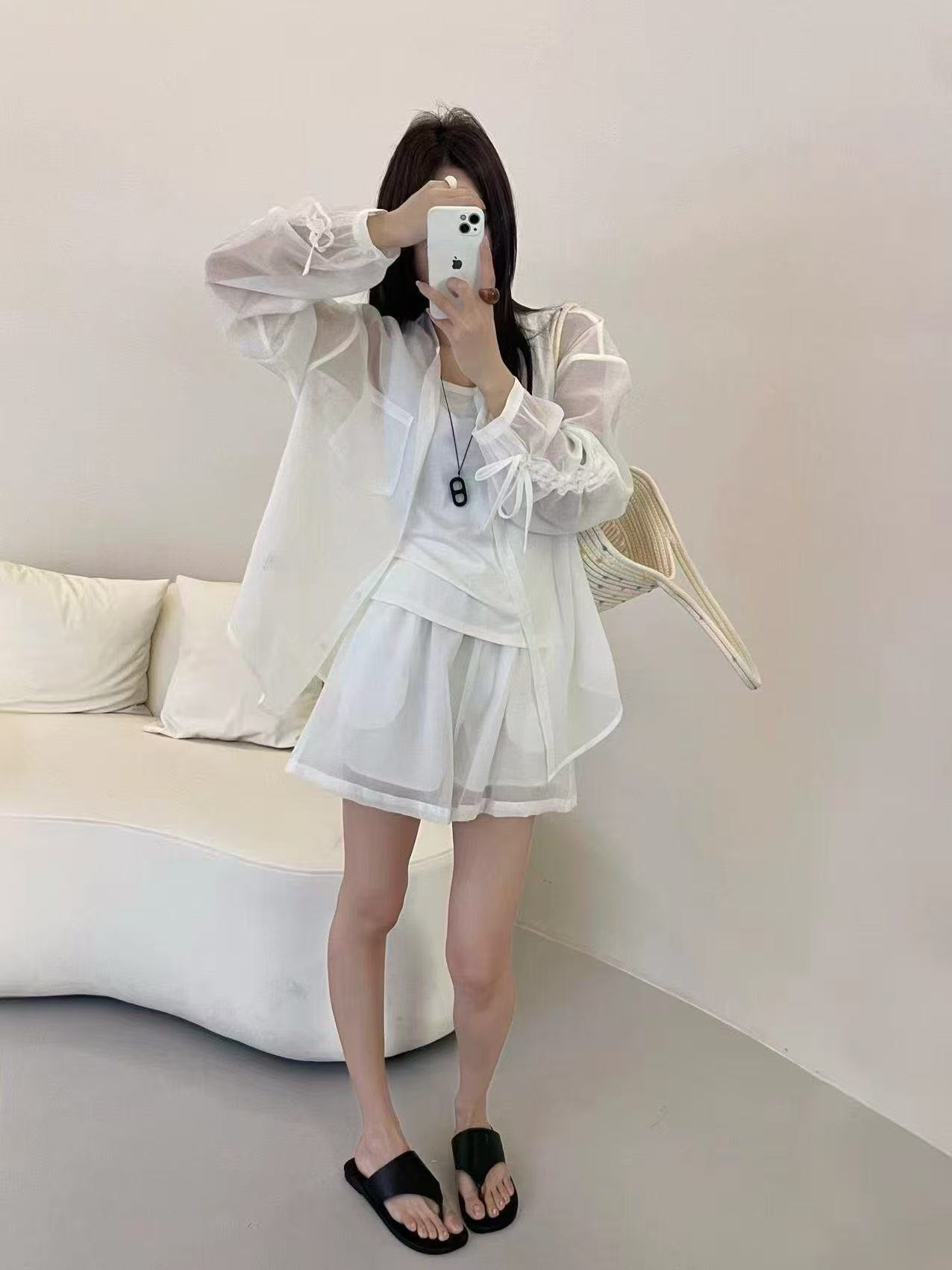 새로운 패션 미니멀리즘 라운드 넥 긴팔 주름 자외선 차단 맨위 허리밴드 반바지 조끼 3 세트