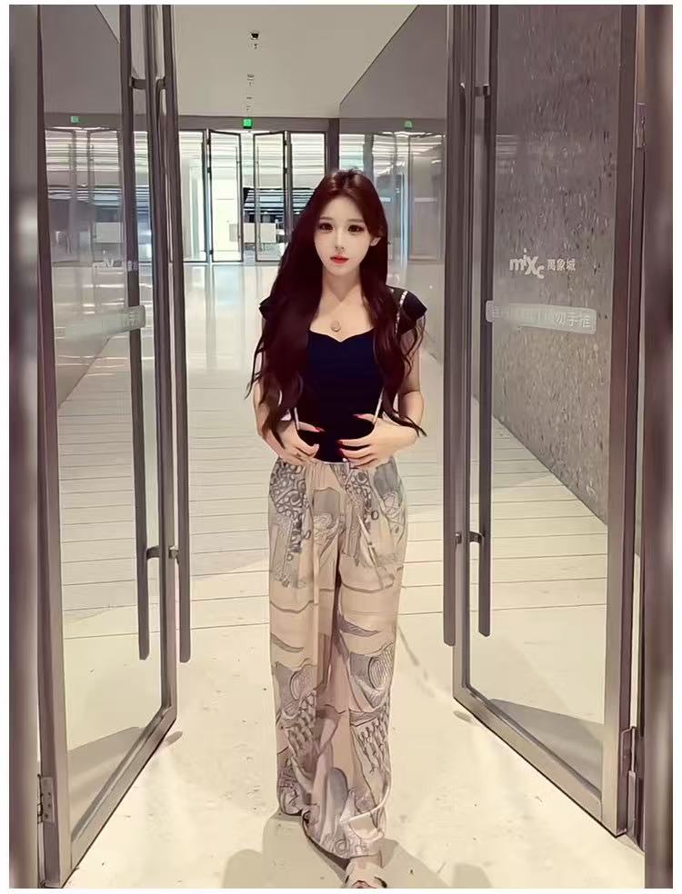 새로운 몸매 가꾸기 슬림해 보이는 단색 Feifei 소매 u 칼라 맨위 허리밴드 프린트 도루 센스 긴 바지 투피스 세트