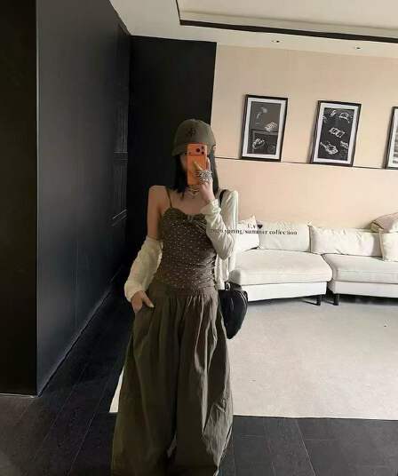 새로운 한 부서 느긋한 바람 자외선 차단 오픈 가디건 도트 무늬 캐미솔 허리밴드 와이드 레그 팬츠 3종 세트