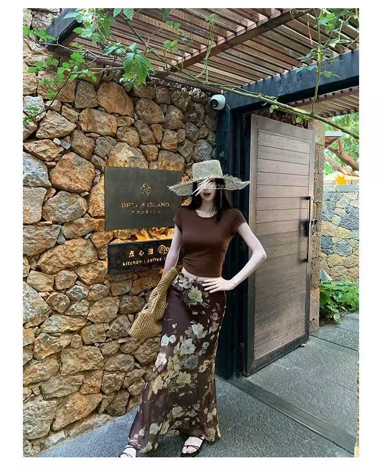 새로운 이후 홀로우 아웃 스트랩 반팔 맨위 허리밴드 레트로 스타일 유화 꽃무늬 물고기 꼬리표 반 치마 세트