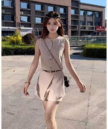 새로운 패션 레트로 품격 홀로우 아웃 조끼 하이웨이스트 페이크 레이어드 방귀 커튼 바지 벨트 3 세트