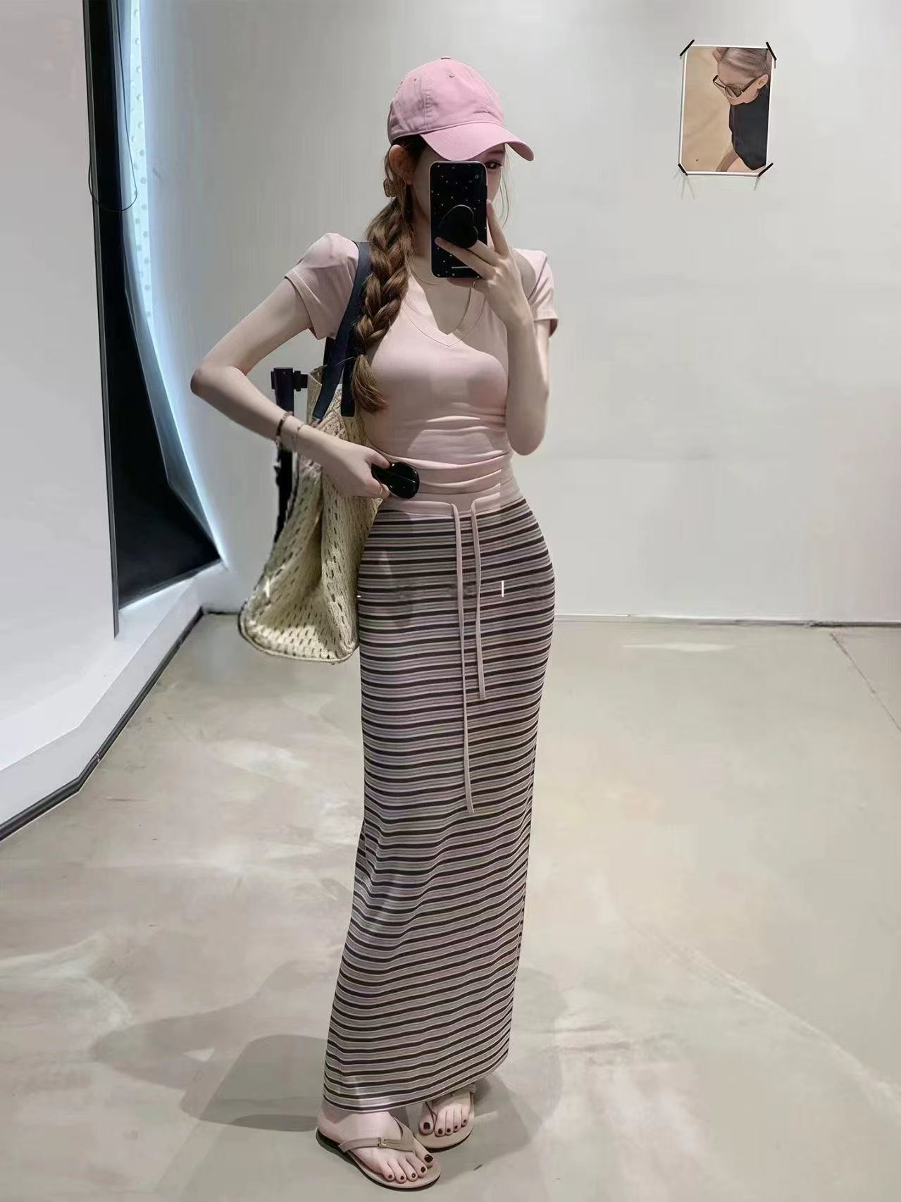 새로운 한 부서 패션 순수한 욕망 바람 몸매 가꾸기 반팔 맨위 허리밴드 스트라이프 반신 치마 세트