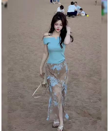새로운 한국 스타일 보트넥 오프숄더 니트 스웨터 허리밴드 프린트 불규칙 반신 치마 세트