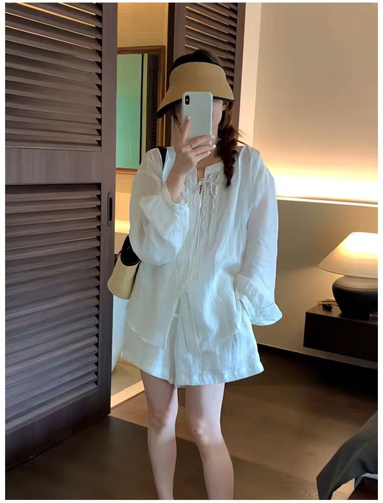 한 부서 루즈핏 캐주얼 패션 프릴 주간 실크 마 자외선 차단 셔츠 허리밴드 반바지 투피스 세트