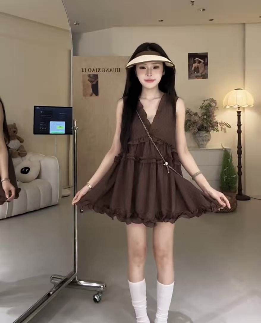 새로운 한 부서 패션 고급 센스 V넥 도트 무늬 품격 외국 가스 연령 감소 한 마디 인형 치마