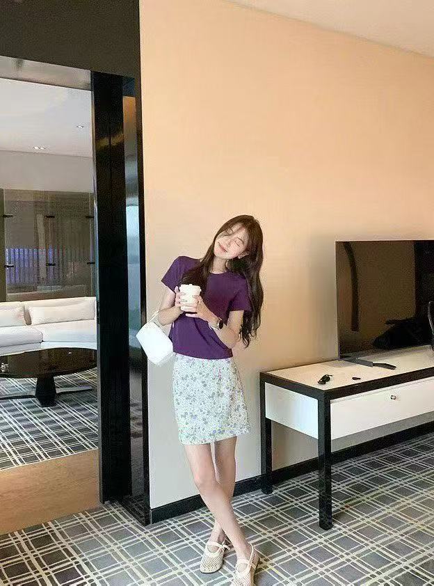 새로운 세련된 다용도 미니멀리즘 뒤로 트임 비틀림 맨위 허리밴드 신선함 꽃무늬 반신 치마 세트