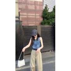 批发新款西部女郎收腰翻领拼接<b class='q'>牛仔</b>马甲+腰带+高腰休闲裤3件套