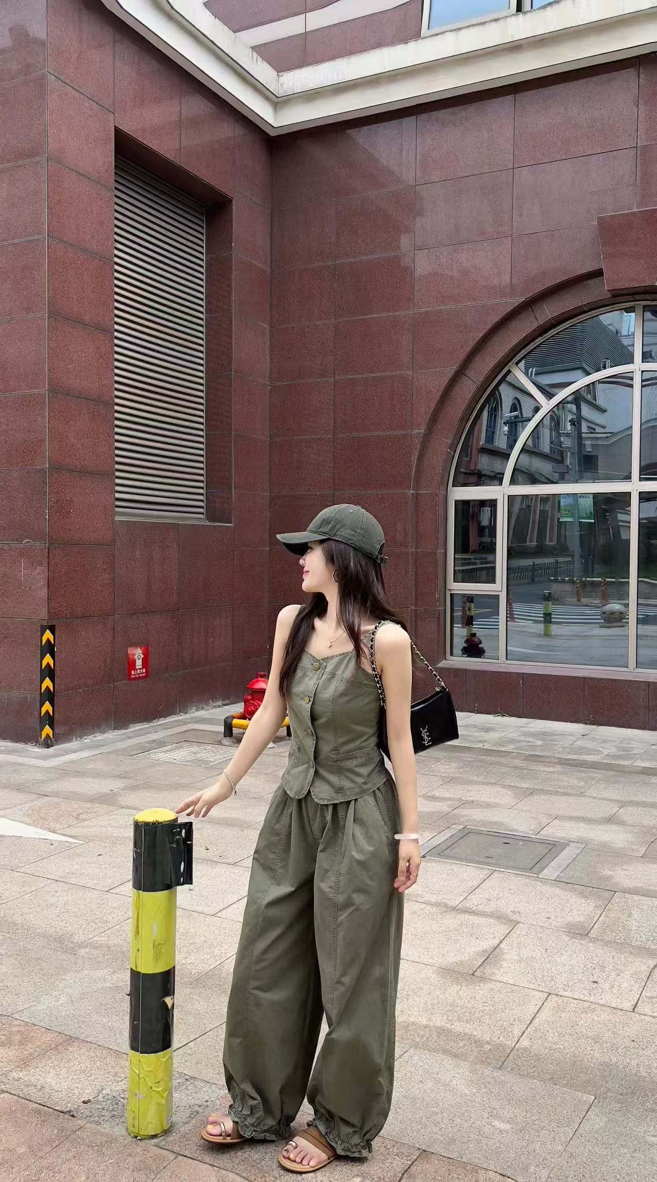 새로운 한 부서 워크웨어 바람 슬림해 보이는 레이스업 슬립 맨위 하이웨이스트 폐회 와이드 레그 팬츠 벨트 3 세트